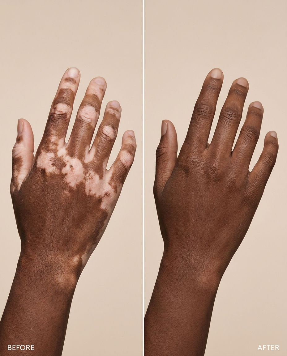 Vitiligo hand before and after