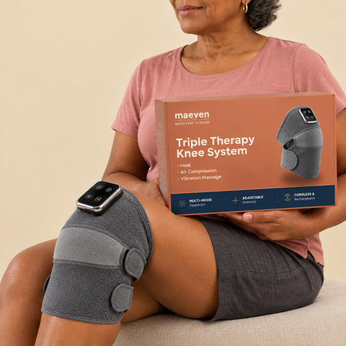 MAEVEN Knee Triple Therapy Recovery System worn with the box